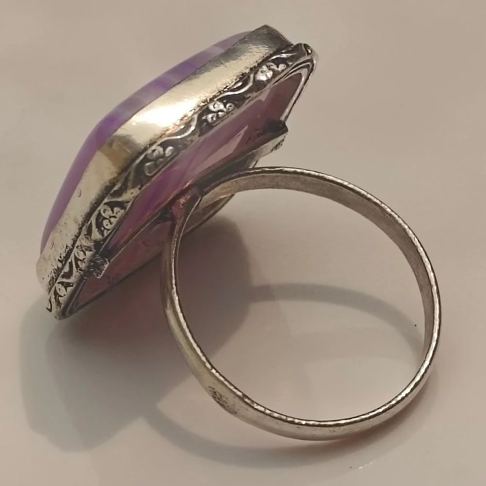 Sterling Silver 925 Purple Banded  Lace Agate Square Statement Ring Size 10.5